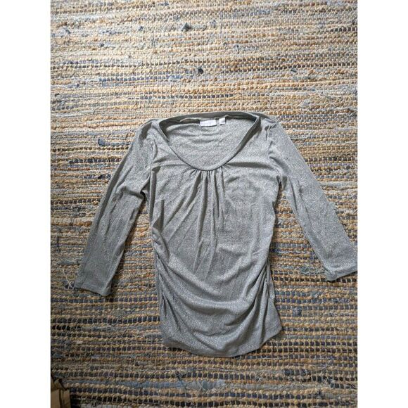 Y2K Metallic Gray Ruched Glitter Top S Scoop Neck 3/4 Sleeve Babydoll Shimmery B - Picture 2 of 6
